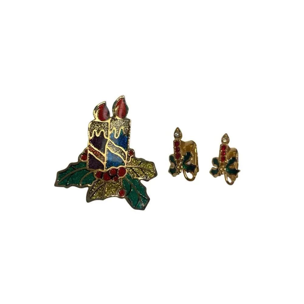 Vintage Enamel Christmas Candle Brooch Set Clip On Earrings Holiday Jewelry